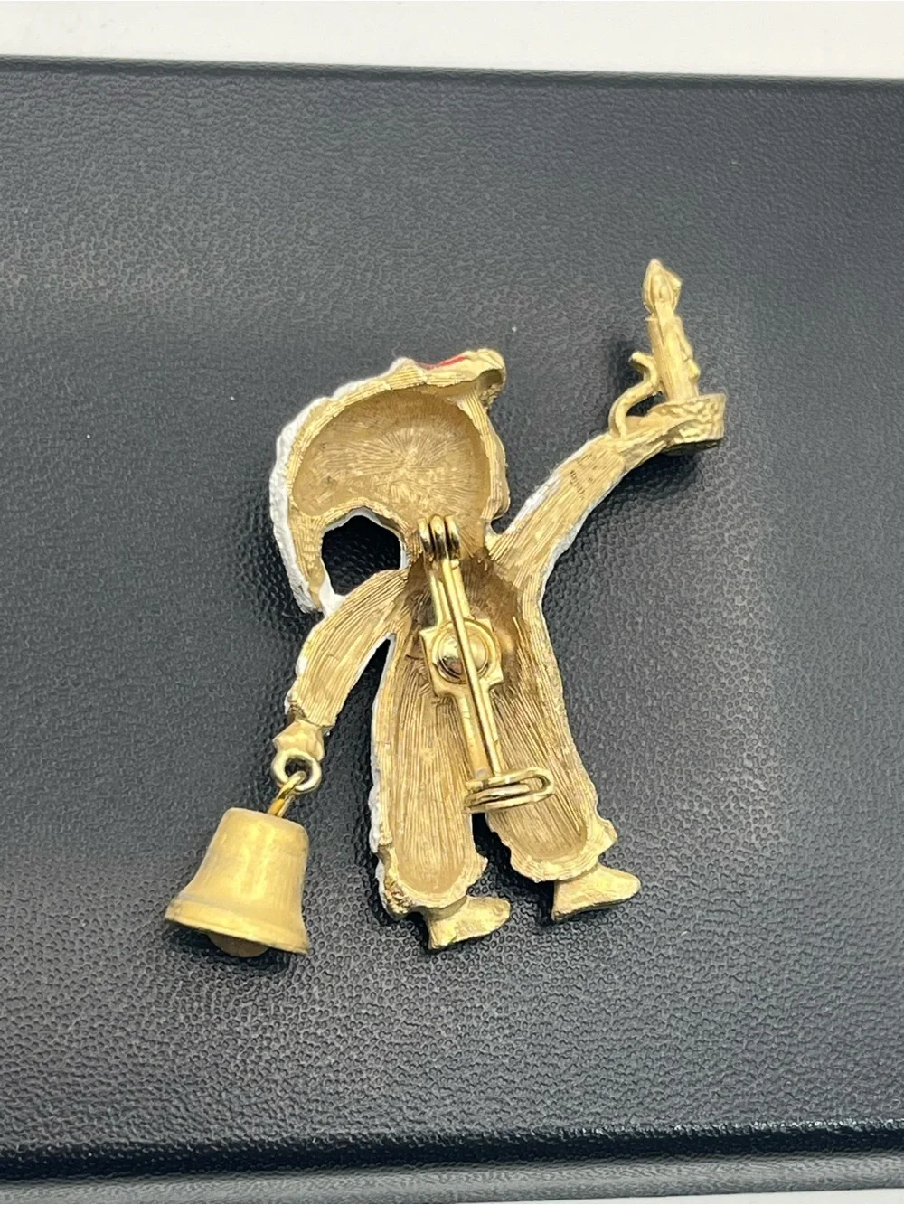 Christmas figural child carrying candle & bell enamel gold tone brooch pin